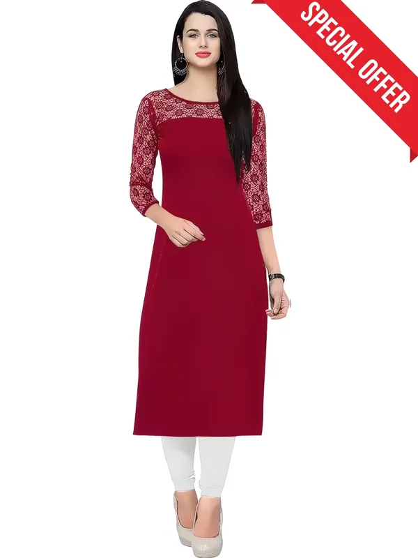 Women_Maroon_Premium_Crepe_Solid_Straight_A-Line_Kurtis