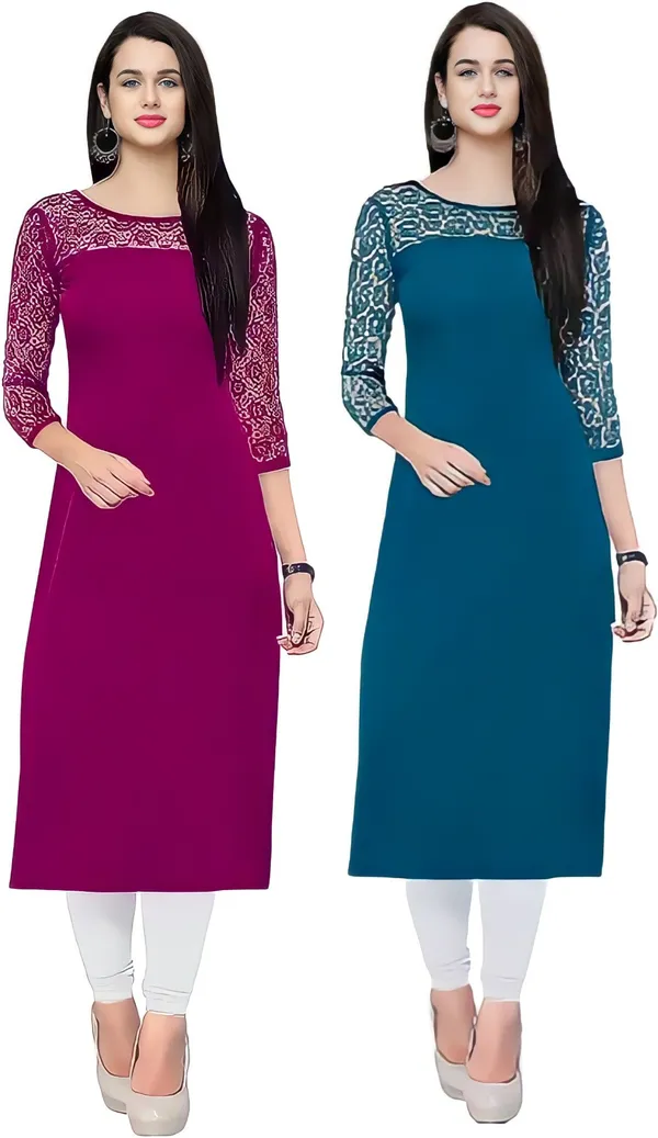 Women_Purple_&_Teal_Premium_Crepe_Solid_Straight_A-Line_Combo_Kurtis