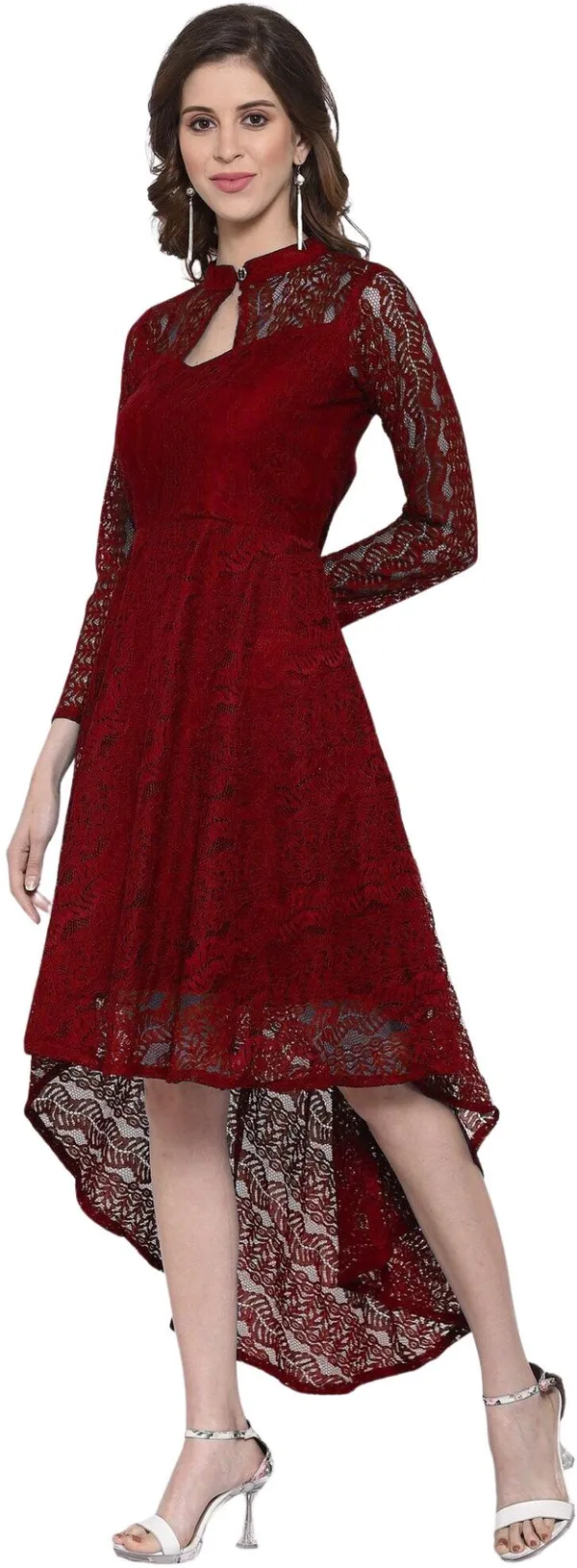 Maroon_Heavy_Coding_Net_With_Inner_Premium_High_Low_Dress_For_Women