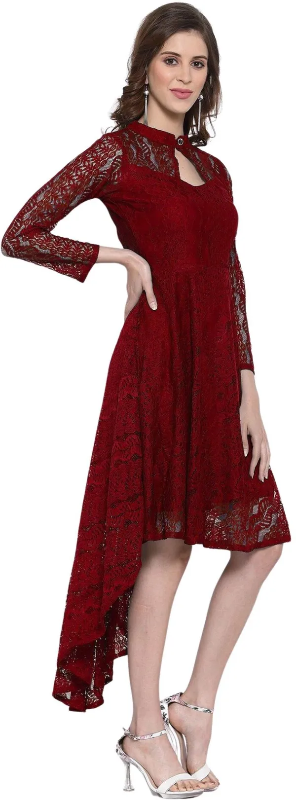 Maroon_Heavy_Coding_Net_With_Inner_Premium_High_Low_Dress_For_Women
