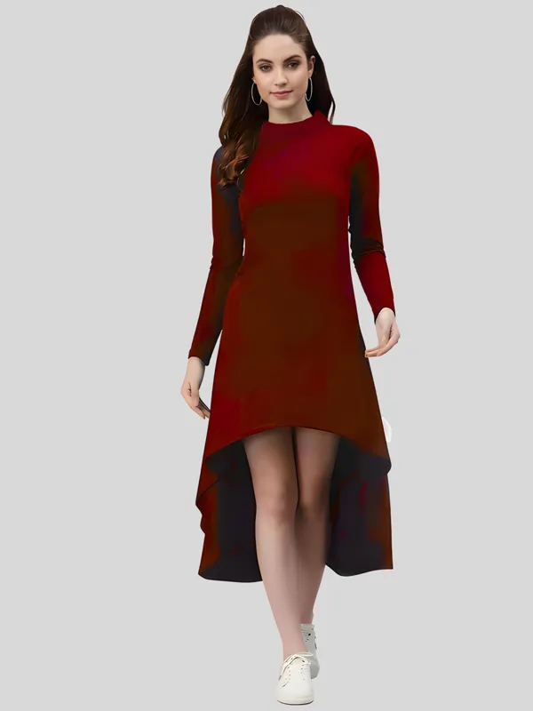 Maroon_Polyester_Solid_Coller_Neck_High_Low_(up-down)_Dress_For_Women