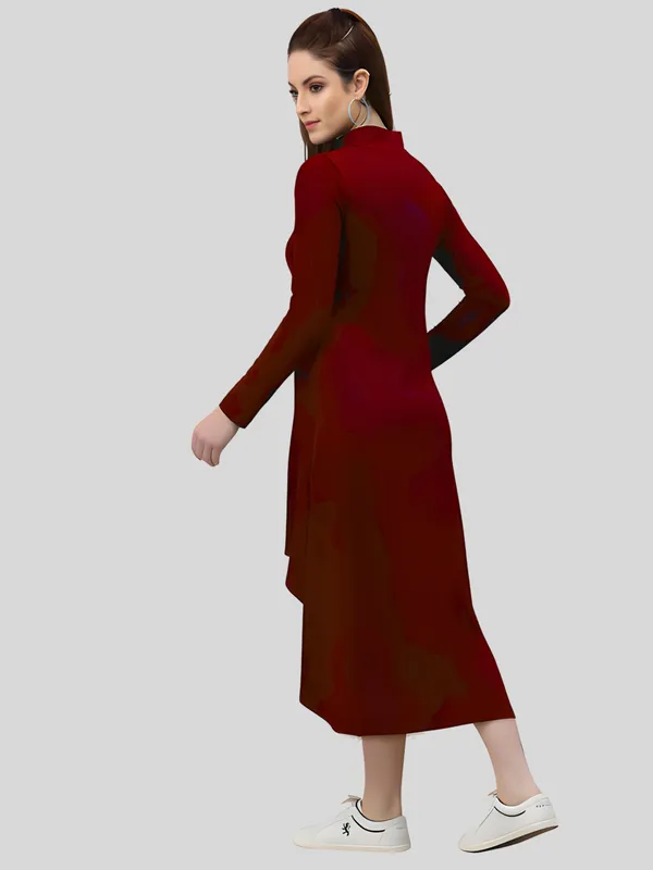 Maroon_Polyester_Solid_Coller_Neck_High_Low_(up-down)_Dress_For_Women