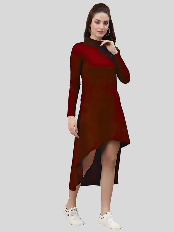 Maroon_Polyester_Solid_Coller_Neck_High_Low_(up-down)_Dress_For_Women