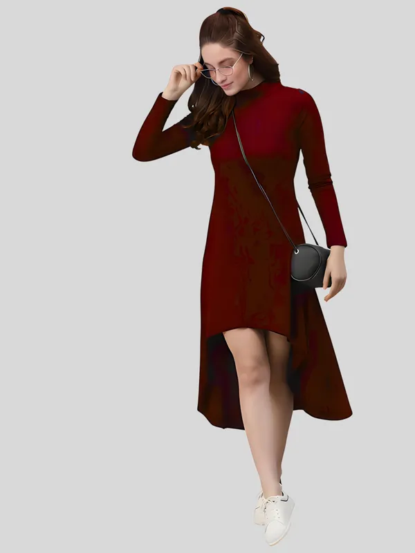 Maroon_Polyester_Solid_Coller_Neck_High_Low_(up-down)_Dress_For_Women