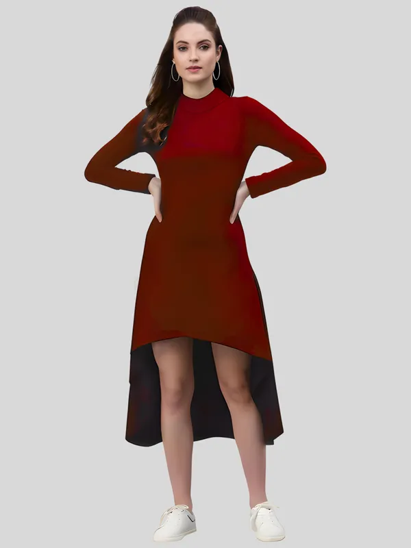 Maroon_Polyester_Solid_Coller_Neck_High_Low_(up-down)_Dress_For_Women