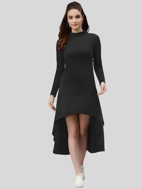 Black_Polyester_Solid_Coller_Neck_High_Low_(up-down)_Dress_For_Women