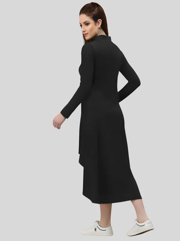 Black_Polyester_Solid_Coller_Neck_High_Low_(up-down)_Dress_For_Women