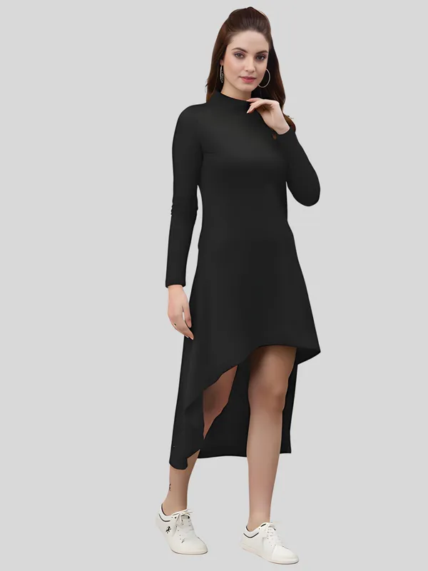 Black_Polyester_Solid_Coller_Neck_High_Low_(up-down)_Dress_For_Women
