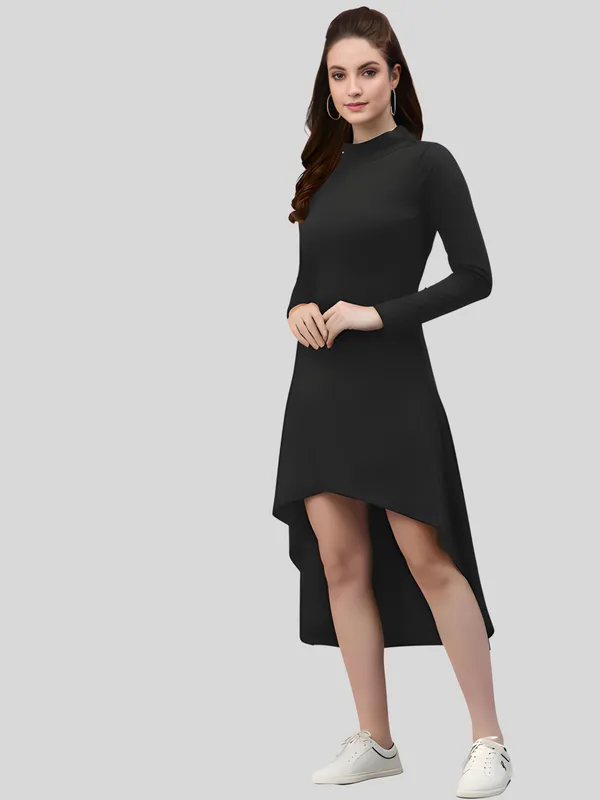 Black_Polyester_Solid_Coller_Neck_High_Low_(up-down)_Dress_For_Women