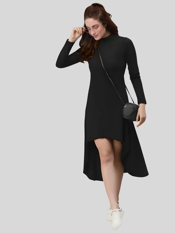 Black_Polyester_Solid_Coller_Neck_High_Low_(up-down)_Dress_For_Women