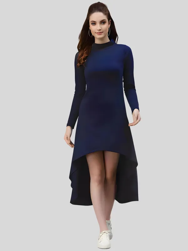 Blue_Polyester_Solid_Coller_Neck_High_Low_(up-down)_Dress_For_Women