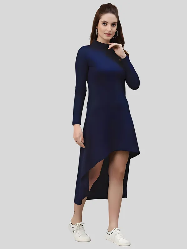 Blue_Polyester_Solid_Coller_Neck_High_Low_(up-down)_Dress_For_Women
