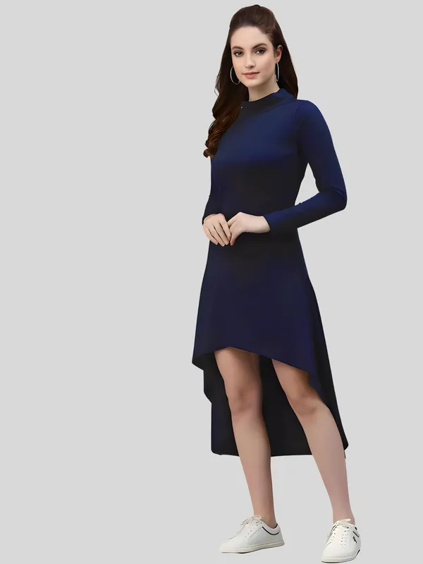 Blue_Polyester_Solid_Coller_Neck_High_Low_(up-down)_Dress_For_Women