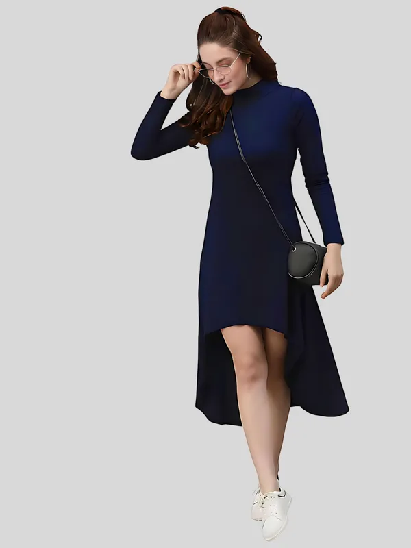 Blue_Polyester_Solid_Coller_Neck_High_Low_(up-down)_Dress_For_Women