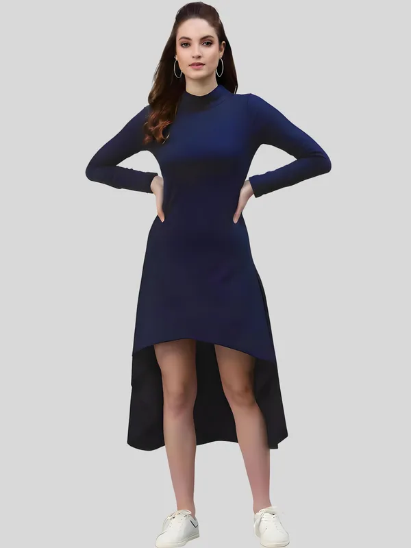 Blue_Polyester_Solid_Coller_Neck_High_Low_(up-down)_Dress_For_Women