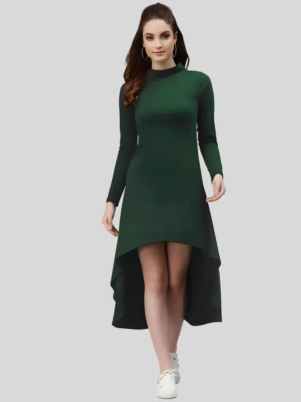 Green_Polyester_Solid_Coller_Neck_High_Low_(up-down)_Dress_For_Women