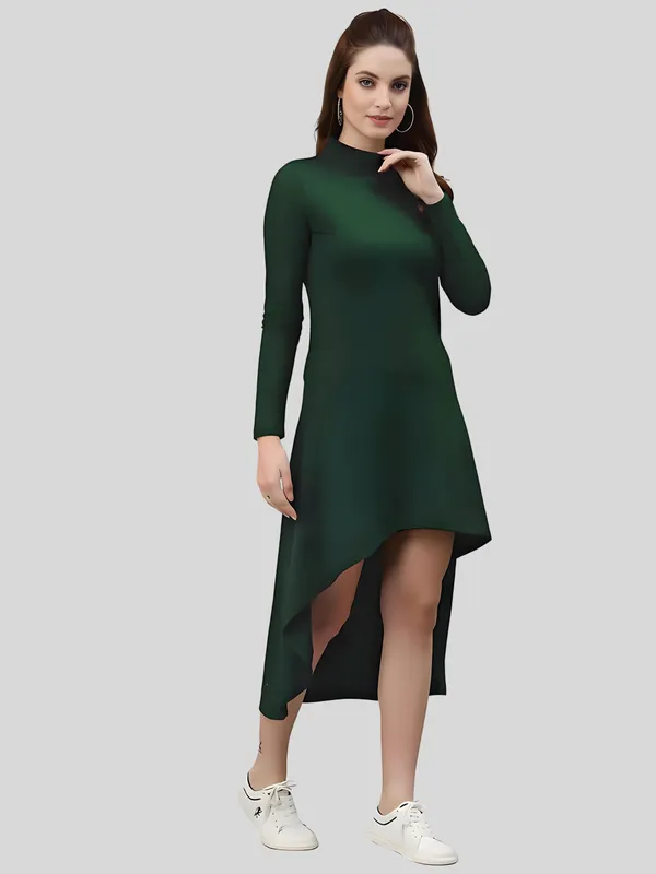 Green_Polyester_Solid_Coller_Neck_High_Low_(up-down)_Dress_For_Women