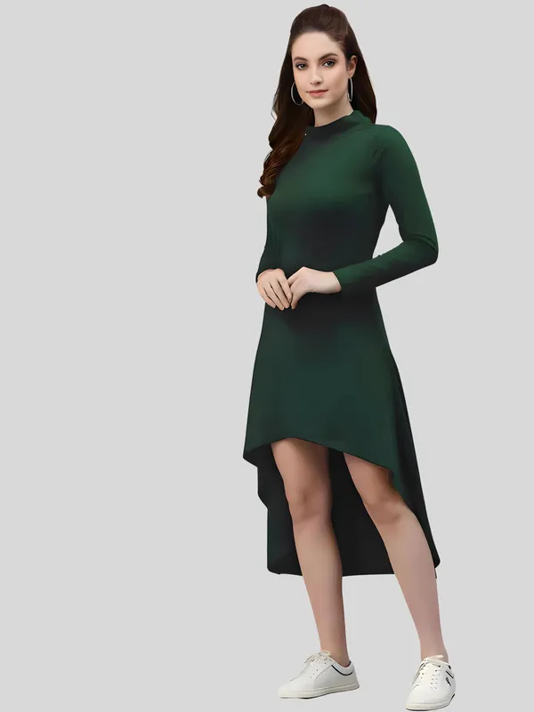 Green_Polyester_Solid_Coller_Neck_High_Low_(up-down)_Dress_For_Women