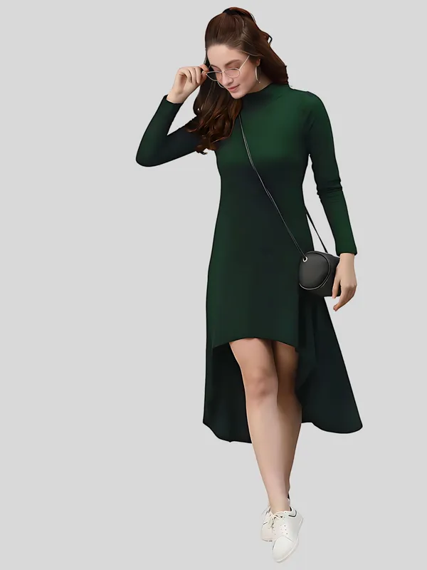 Green_Polyester_Solid_Coller_Neck_High_Low_(up-down)_Dress_For_Women