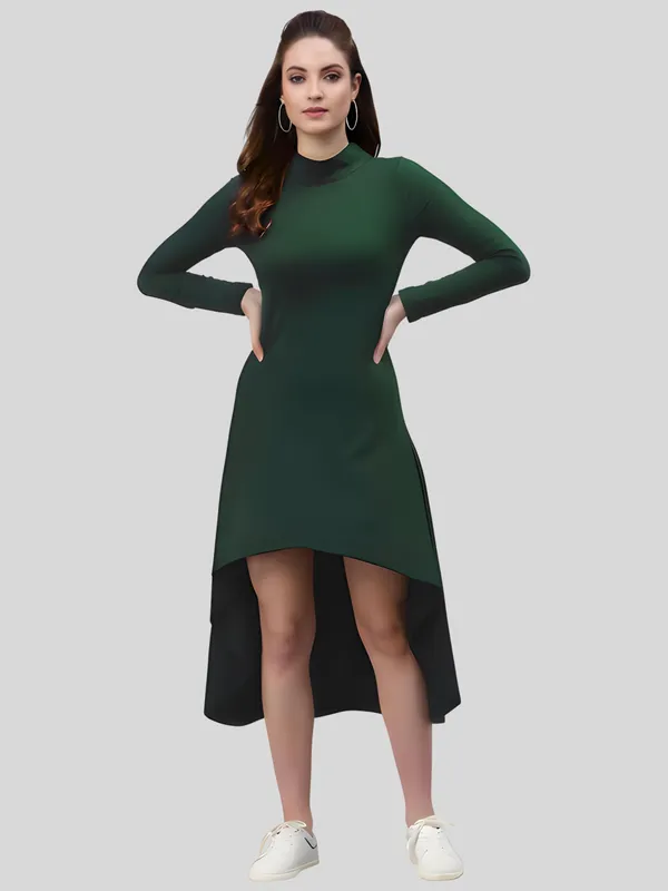 Green_Polyester_Solid_Coller_Neck_High_Low_(up-down)_Dress_For_Women