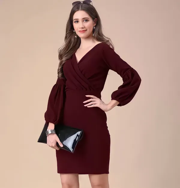 Maroon_Polyester_Party_Wear_V-Neck_With_Bishoop_Sleeve_Bodycon_Dress_For_Women