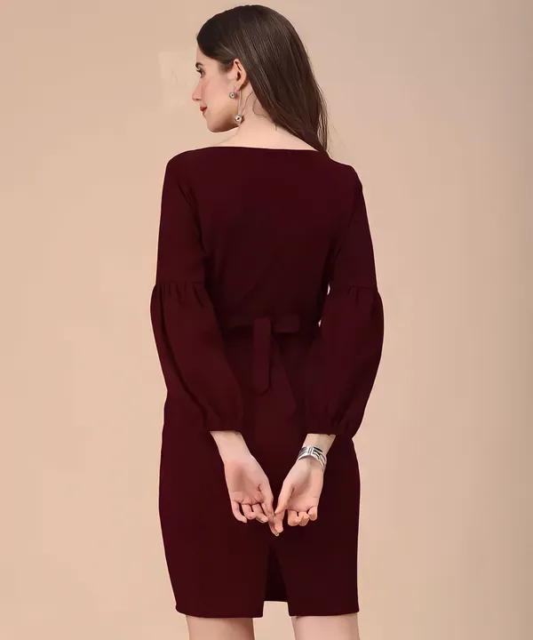Maroon_Polyester_Party_Wear_V-Neck_With_Bishoop_Sleeve_Bodycon_Dress_For_Women