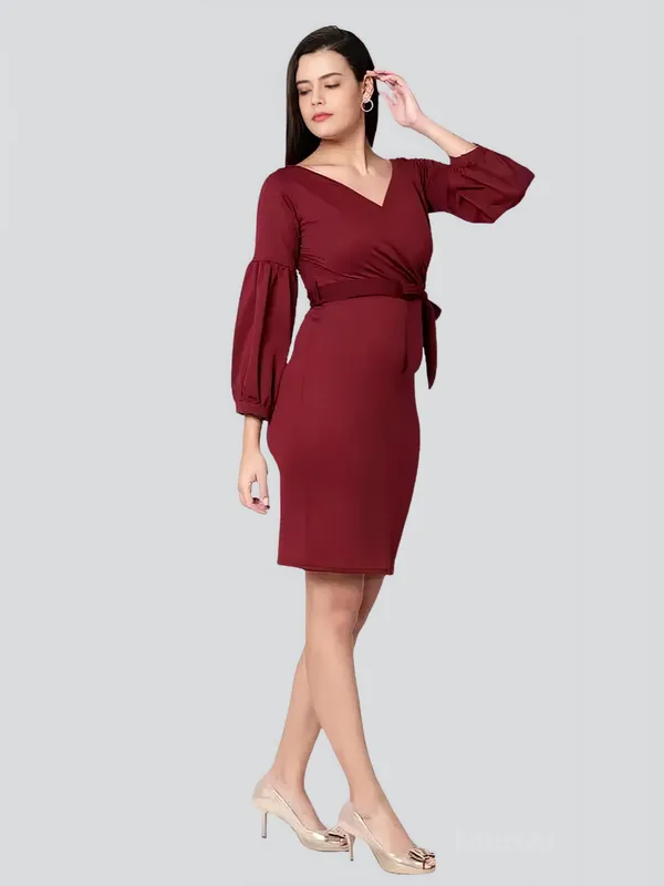 Maroon_Polyester_Party_Wear_V-Neck_With_Bishoop_Sleeve_Bodycon_Dress_For_Women