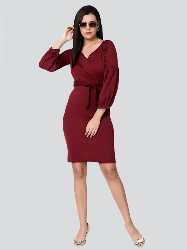 Maroon_Polyester_Party_Wear_V-Neck_With_Bishoop_Sleeve_Bodycon_Dress_For_Women