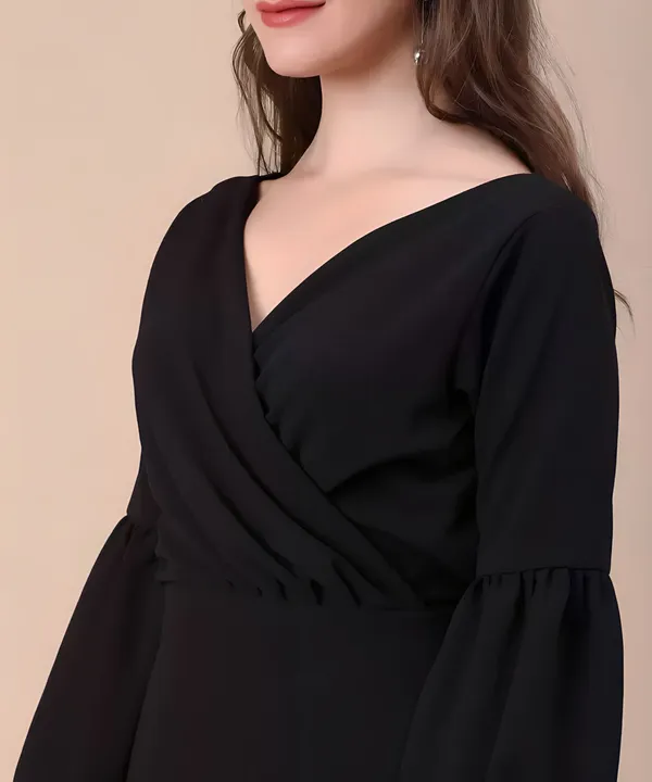 Black_Polyester_Party_Wear_V-Neck_With_Bishoop_Sleeve_Bodycon_Dress_For_Women