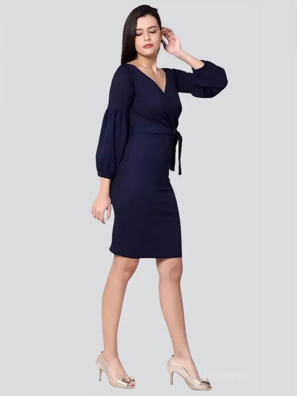 Dark_Blue_Polyester_Party_Wear_V-Neck_With_Bishoop_Sleeve_Bodycon_Dress_For_Women
