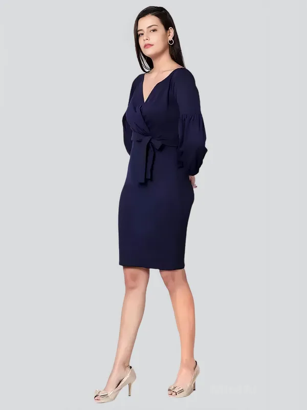 Dark_Blue_Polyester_Party_Wear_V-Neck_With_Bishoop_Sleeve_Bodycon_Dress_For_Women