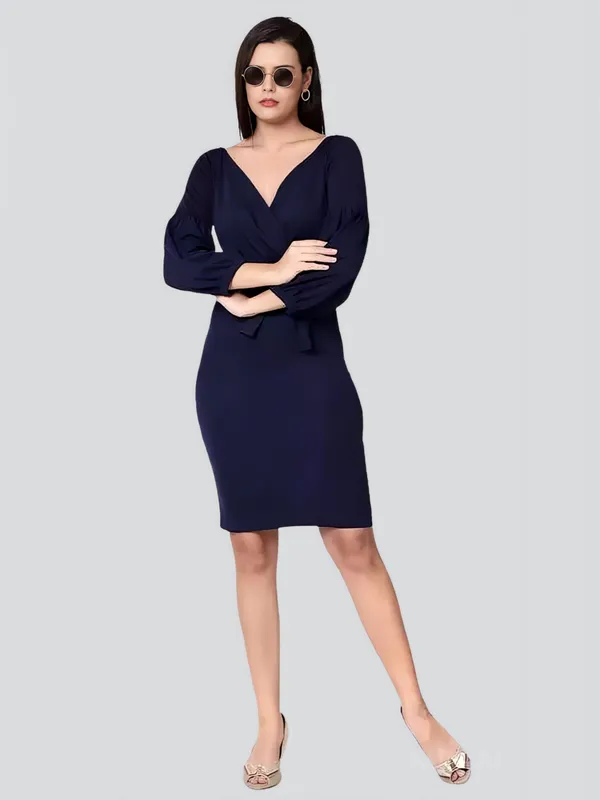 Dark_Blue_Polyester_Party_Wear_V-Neck_With_Bishoop_Sleeve_Bodycon_Dress_For_Women