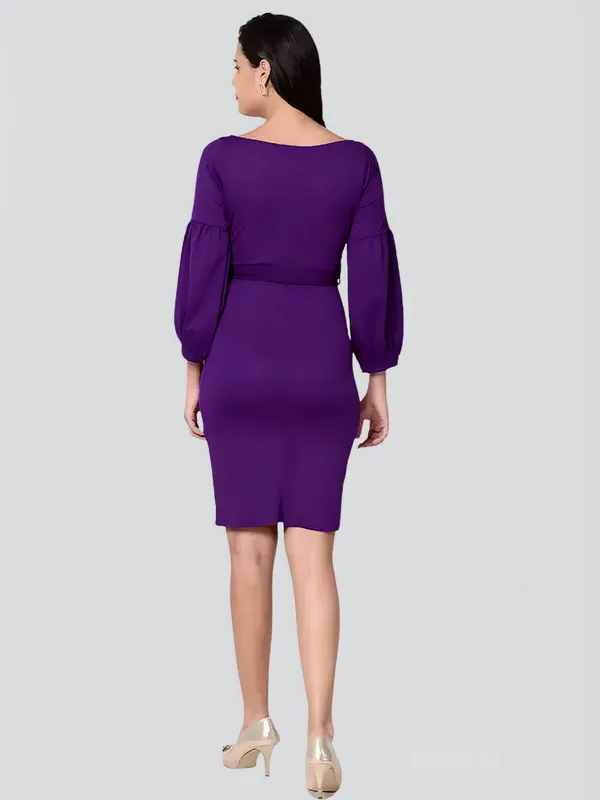 Purple_Polyester_Party_Wear_V-Neck_With_Bishoop_Sleeve_Bodycon_Dress_For_Women