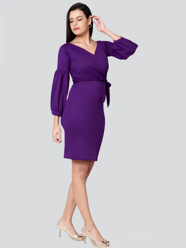 Purple_Polyester_Party_Wear_V-Neck_With_Bishoop_Sleeve_Bodycon_Dress_For_Women