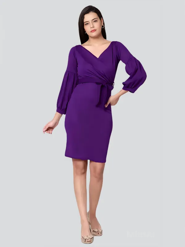 Purple_Polyester_Party_Wear_V-Neck_With_Bishoop_Sleeve_Bodycon_Dress_For_Women
