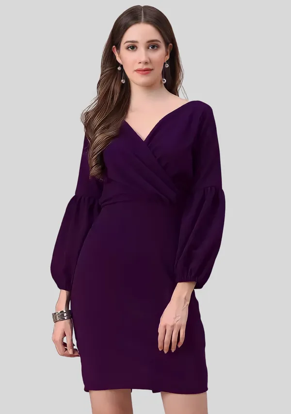 Purple_Polyester_Party_Wear_V-Neck_With_Bishoop_Sleeve_Bodycon_Dress_For_Women