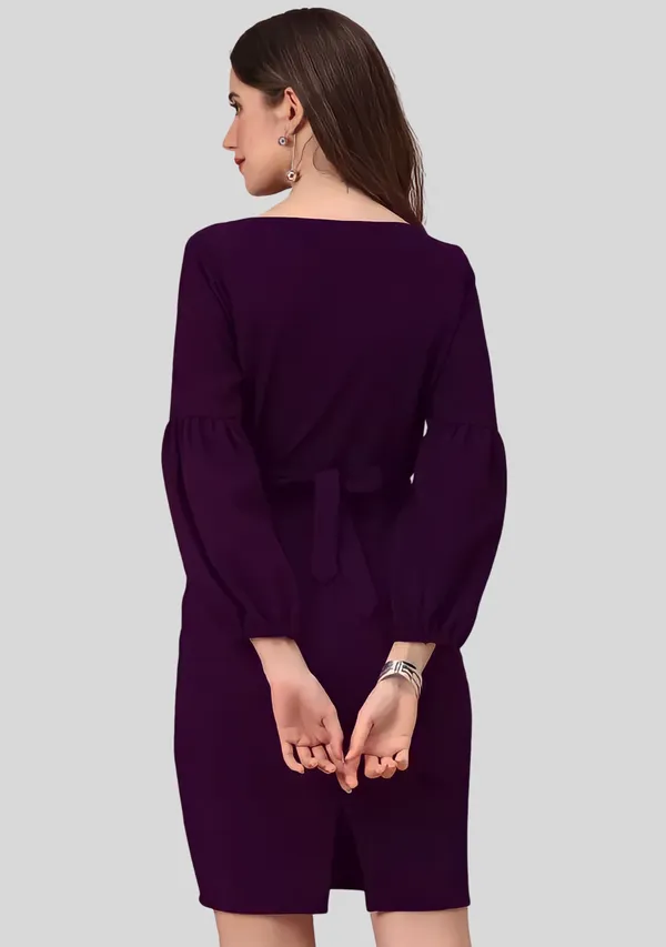 Purple_Polyester_Party_Wear_V-Neck_With_Bishoop_Sleeve_Bodycon_Dress_For_Women