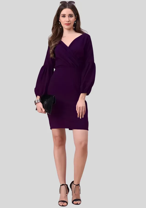 Purple_Polyester_Party_Wear_V-Neck_With_Bishoop_Sleeve_Bodycon_Dress_For_Women