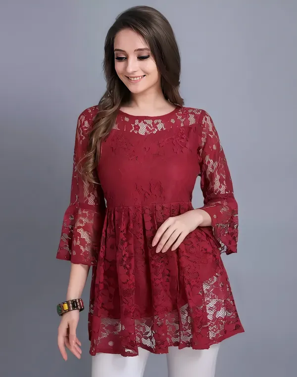 Maroon_Primiuam_Russel_Net_With_Crepe_Inner_Bell_Sleeve_Tops