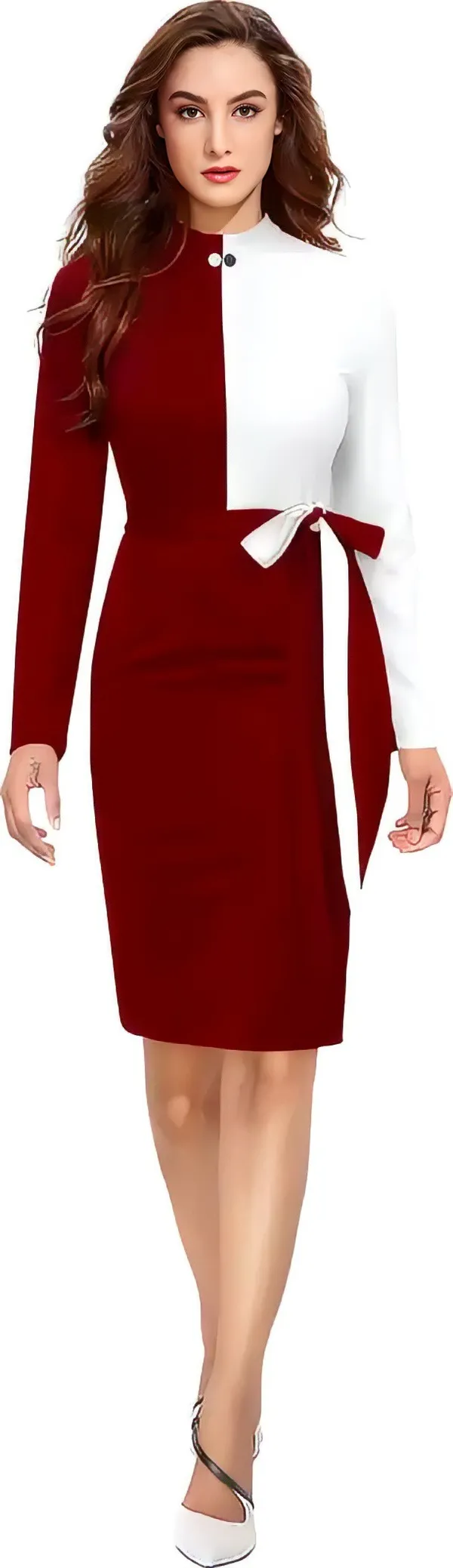 Maroon_&_White_Polyester_Classic_Neck_Bodycon_Dress_With_Comfortable_Belt