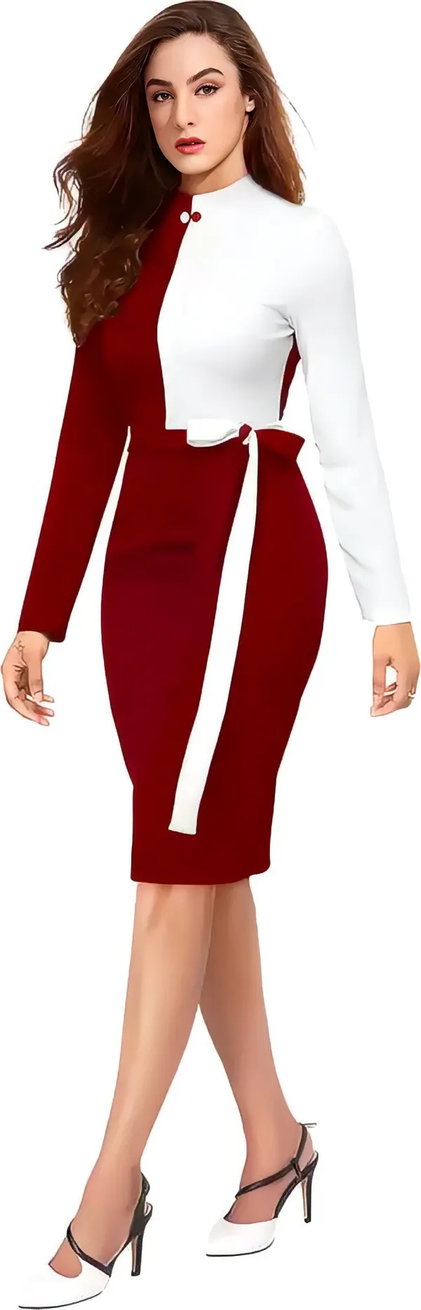 Maroon_&_White_Polyester_Classic_Neck_Bodycon_Dress_With_Comfortable_Belt