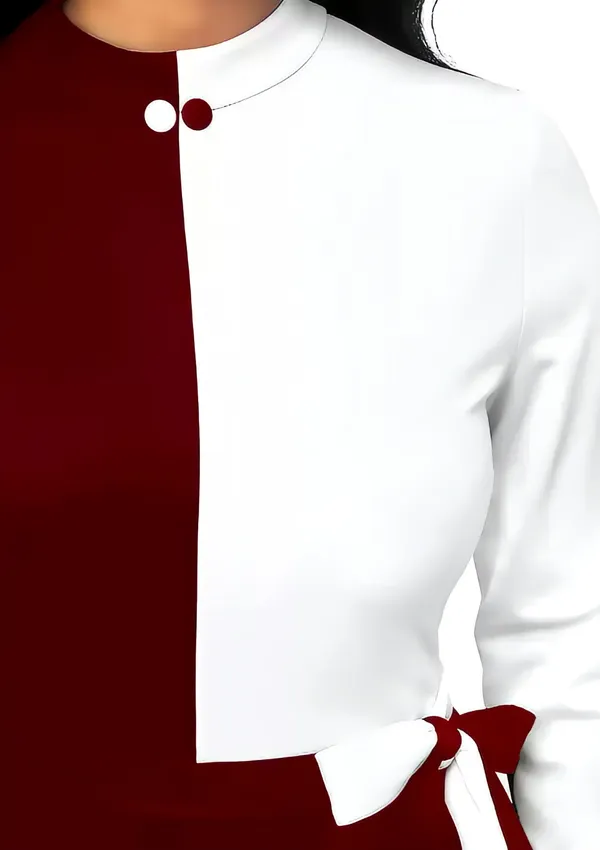 Maroon_&_White_Polyester_Classic_Neck_Bodycon_Dress_With_Comfortable_Belt