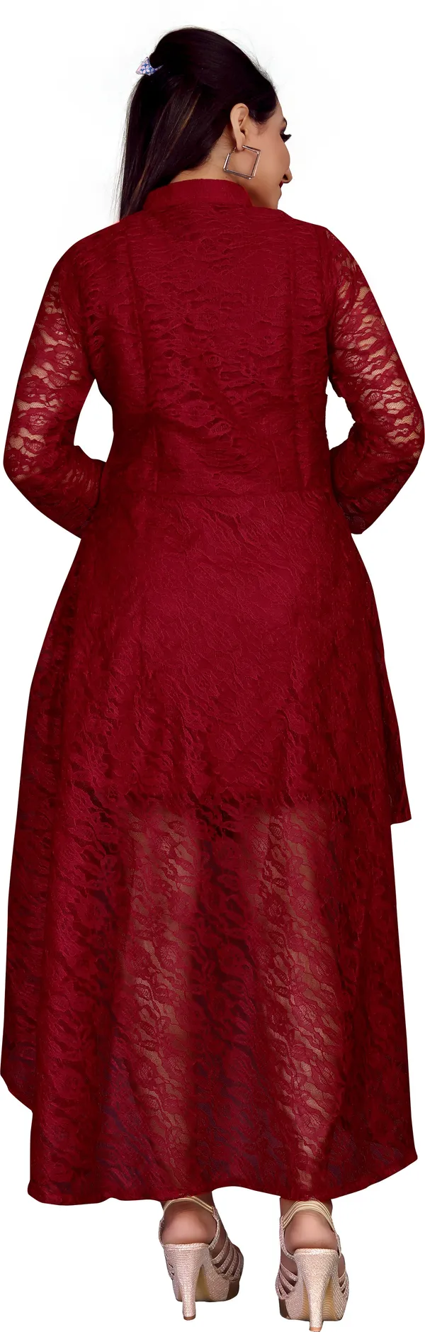 Maroon_Coding_Net_With_Inner_Premium_High_Low_Dress_For_Women
