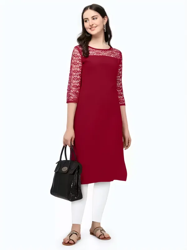 Women_Maroon_Premium_Crepe_Solid_Straight_A-Line_Kurtis