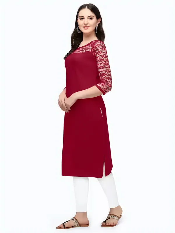 Women_Maroon_Premium_Crepe_Solid_Straight_A-Line_Kurtis