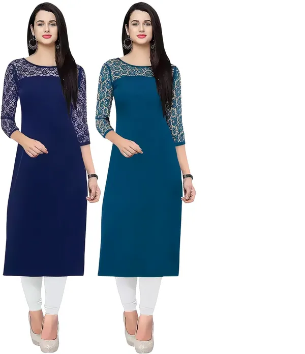 Women_Blue_&_Teal_Premium_Crepe_Solid_Straight_A-Line_Combo_Kurtis
