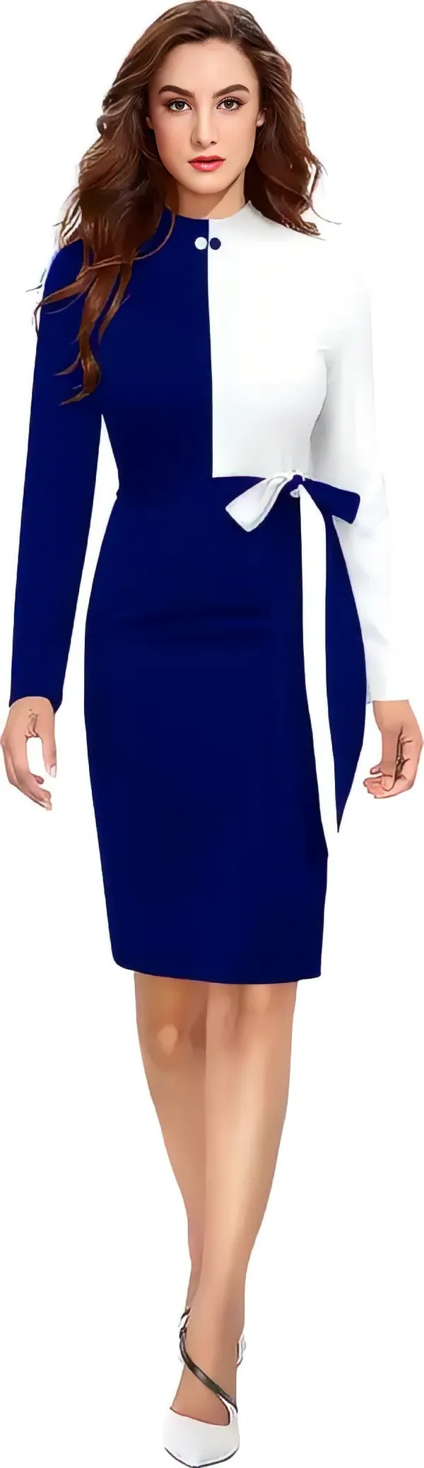 Blue_&_White_Polyester_Classic_Neck_Bodycon_Dress_With_Comfortable_Belt