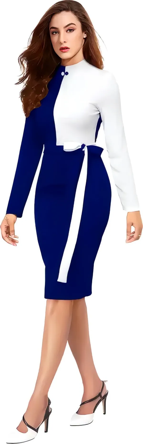 Blue_&_White_Polyester_Classic_Neck_Bodycon_Dress_With_Comfortable_Belt