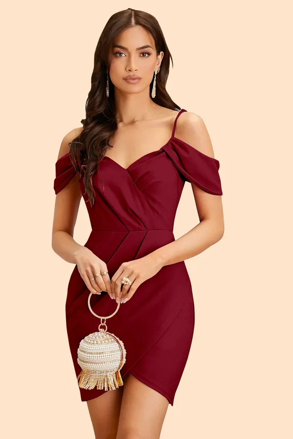 Maroon_Polyester_Shoulder_Strap_Party_Wear_Bodycon_Dress_For_Women