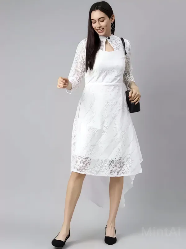 White_Coding_Net_With_Inner_Premium_High_Low_Dress_For_Women
